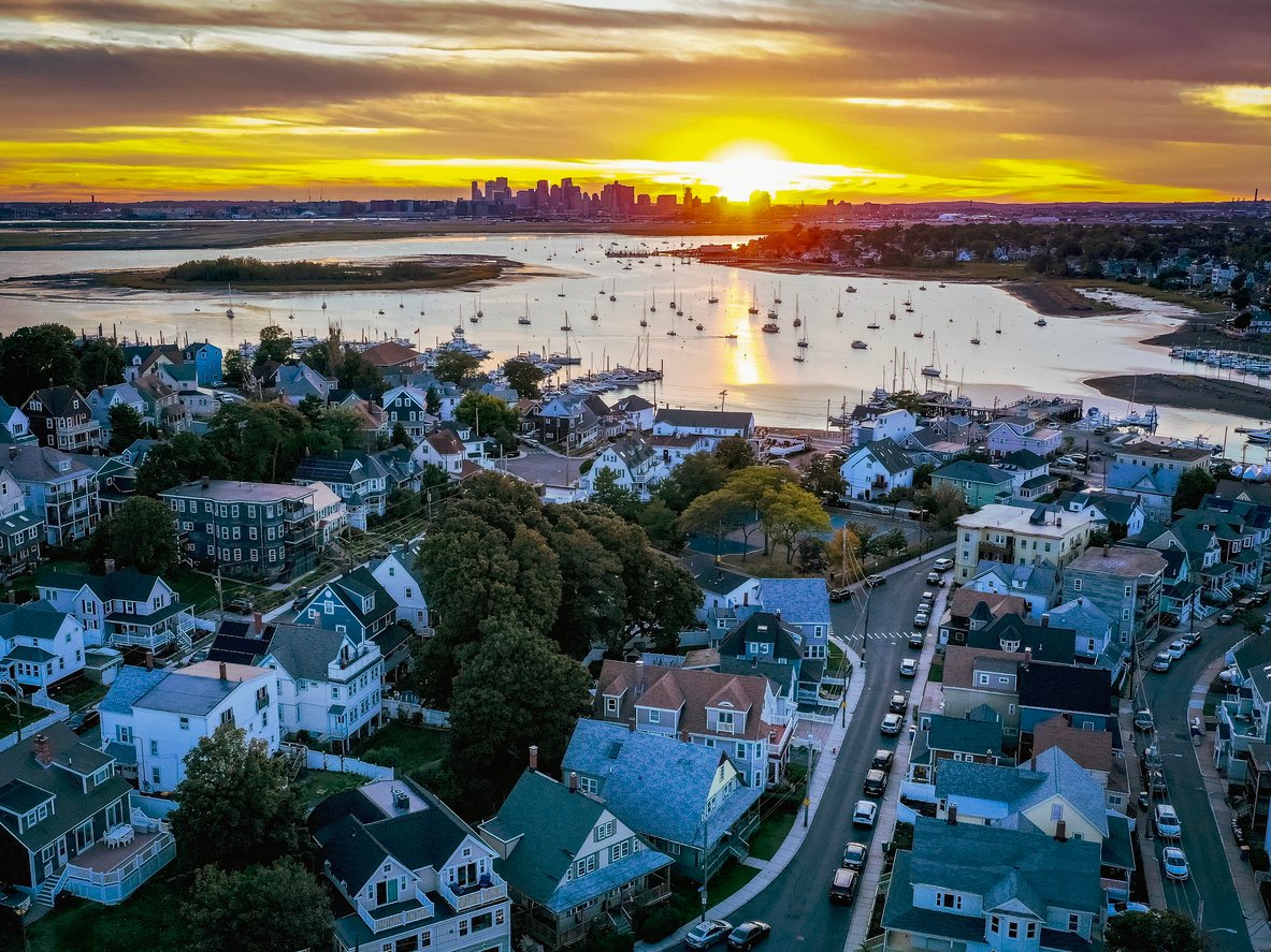 Aerial view of the Boston skyline from Orient Height East Boston and Winthrop area