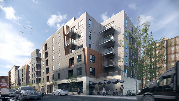 Exterior rendering of Mira condominiums in East Boston